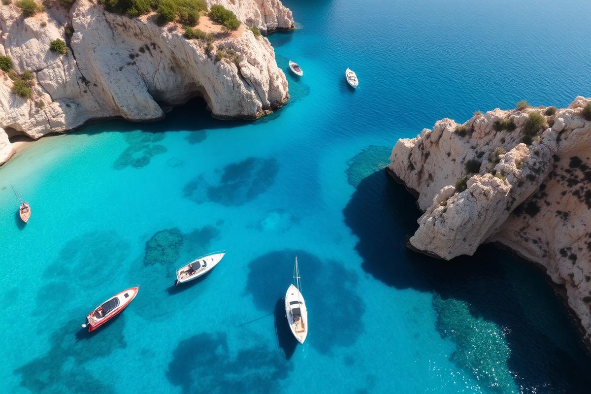 Cala turquesa con embarcaciones fondeadas en Mallorca
